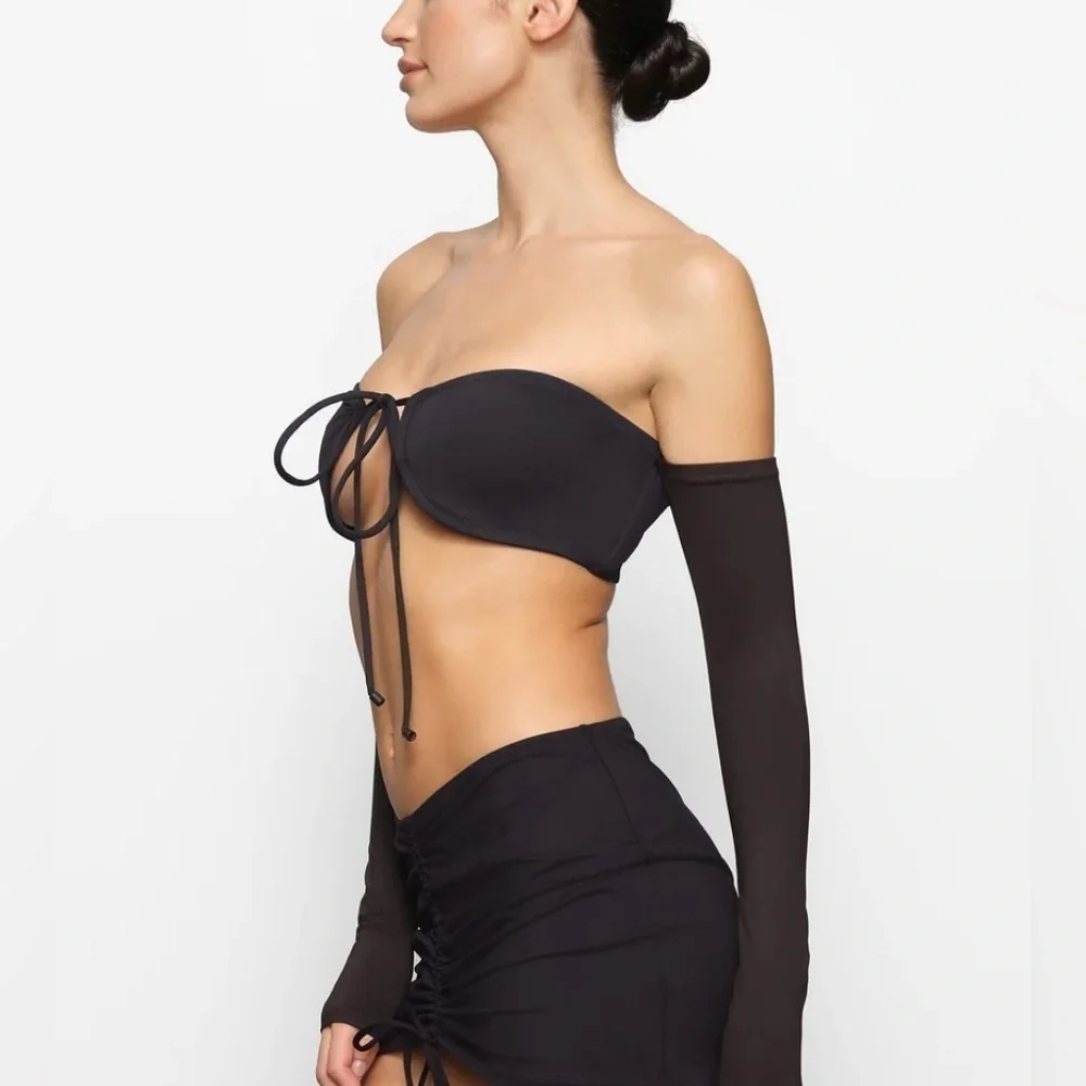Skims Long Sleeve Off the Shoulder Bikini Top Womens Swimwear Size Large Onyx